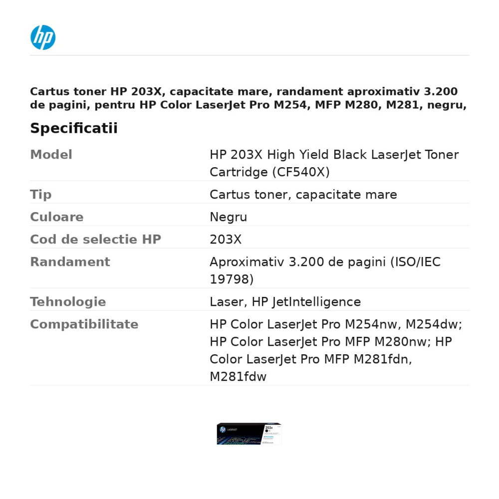 Cartus toner HP 203X, capacitate mare, randament aproximativ 3.200 de pagini, pentru HP Color LaserJet Pro M254, MFP M280, M281, negru, CF540X [3]
