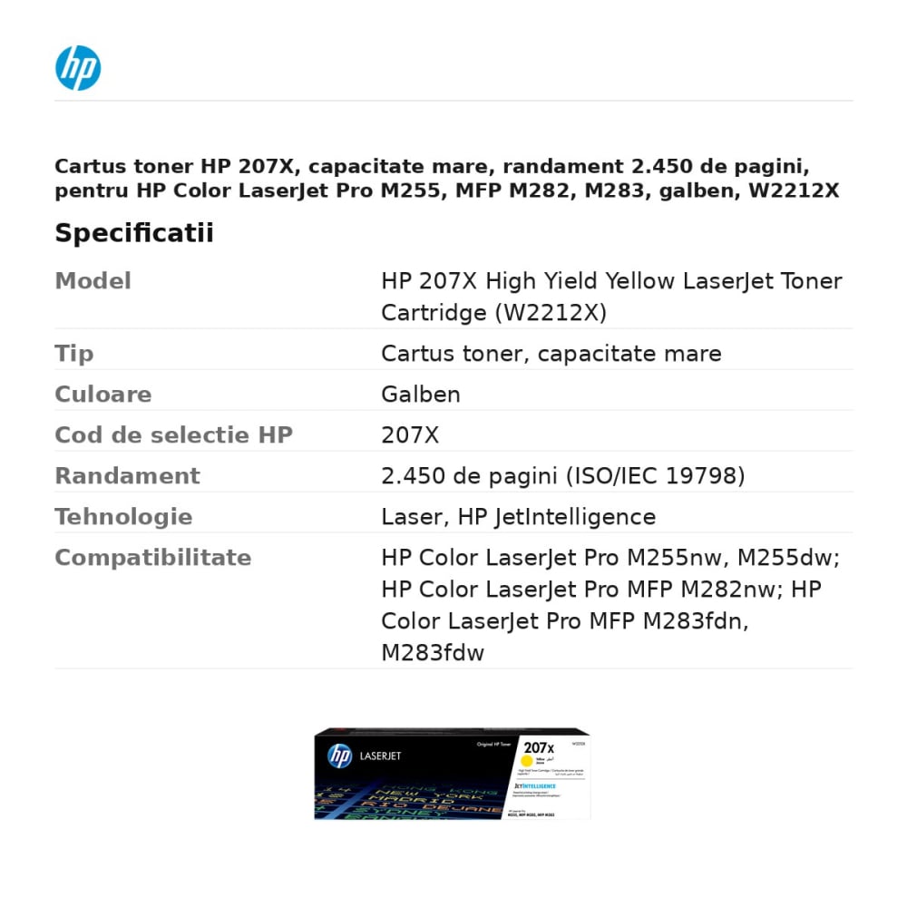 Cartus toner HP 207X, capacitate mare, randament 2.450 de pagini, pentru HP Color LaserJet Pro M255, MFP M282, M283, galben, W2212X [3]