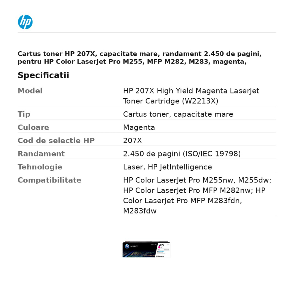 Cartus toner HP 207X, capacitate mare, randament 2.450 de pagini, pentru HP Color LaserJet Pro M255, MFP M282, M283, magenta, W2213X [3]