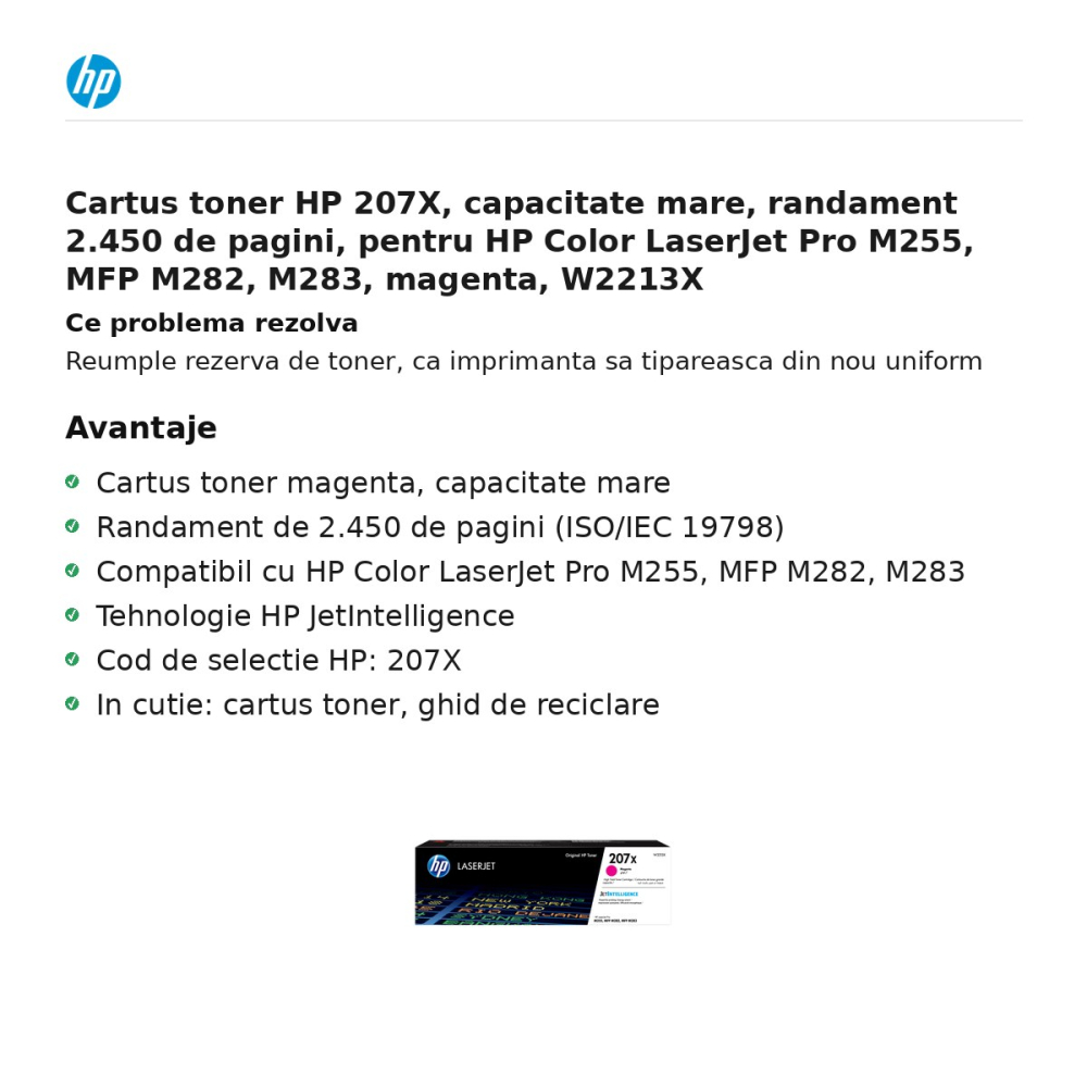 Cartus toner HP 207X, capacitate mare, randament 2.450 de pagini, pentru HP Color LaserJet Pro M255, MFP M282, M283, magenta, W2213X [2]