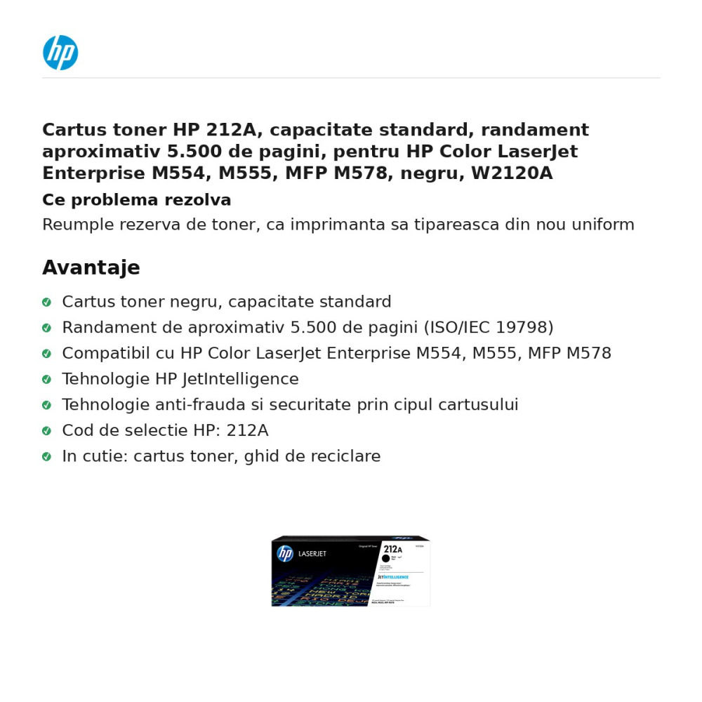 Cartus toner HP 212A, capacitate standard, randament aproximativ 5.500 de pagini, pentru HP Color LaserJet Enterprise M554, M555, MFP M578, negru, W2120A [2]