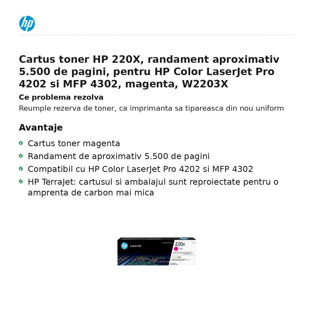 Cartus toner HP 220X, randament aproximativ 5.500 de pagini, pentru HP Color LaserJet Pro 4202 si MFP 4302, magenta, W2203X [2]