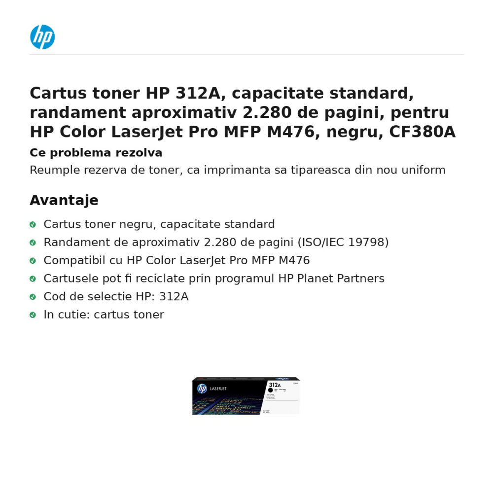 Cartus toner HP 312A, capacitate standard, randament aproximativ 2.280 de pagini, pentru HP Color LaserJet Pro MFP M476, negru, CF380A [2]