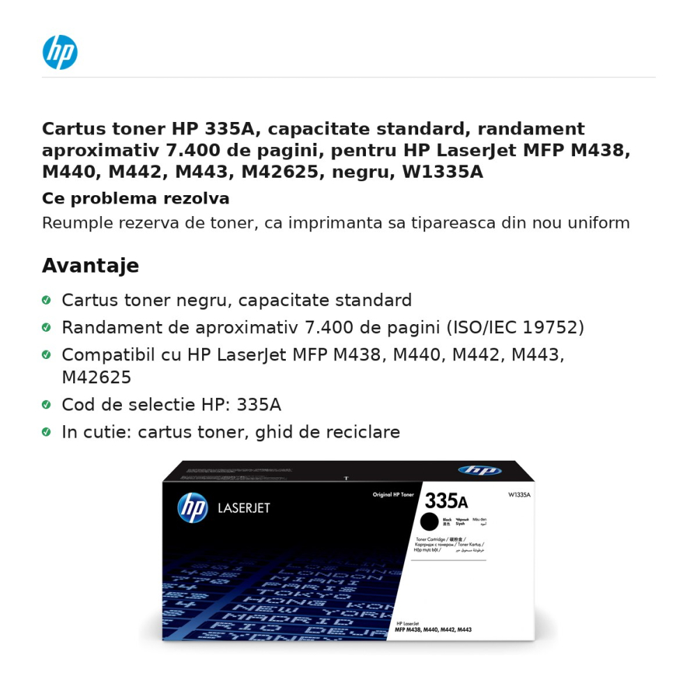 Cartus toner HP 335A, capacitate standard, randament aproximativ 7.400 de pagini, pentru HP LaserJet MFP M438, M440, M442, M443, M42625, negru, W1335A [2]
