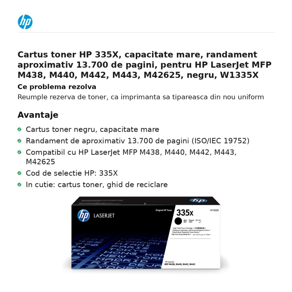 Cartus toner HP 335X, capacitate mare, randament aproximativ 13.700 de pagini, pentru HP LaserJet MFP M438, M440, M442, M443, M42625, negru, W1335X [2]