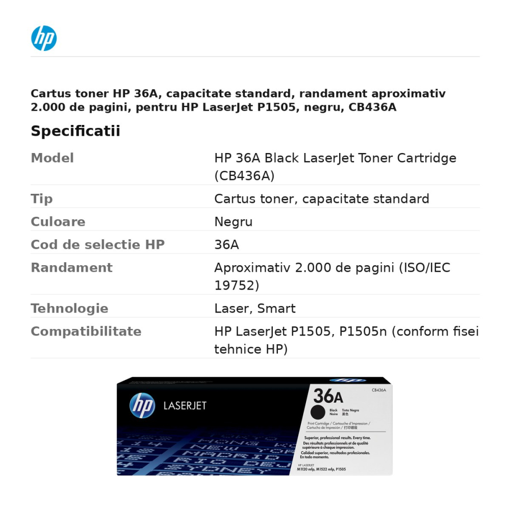 Cartus toner HP 36A, capacitate standard, randament aproximativ 2.000 de pagini, pentru HP LaserJet P1505, negru, CB436A [3]