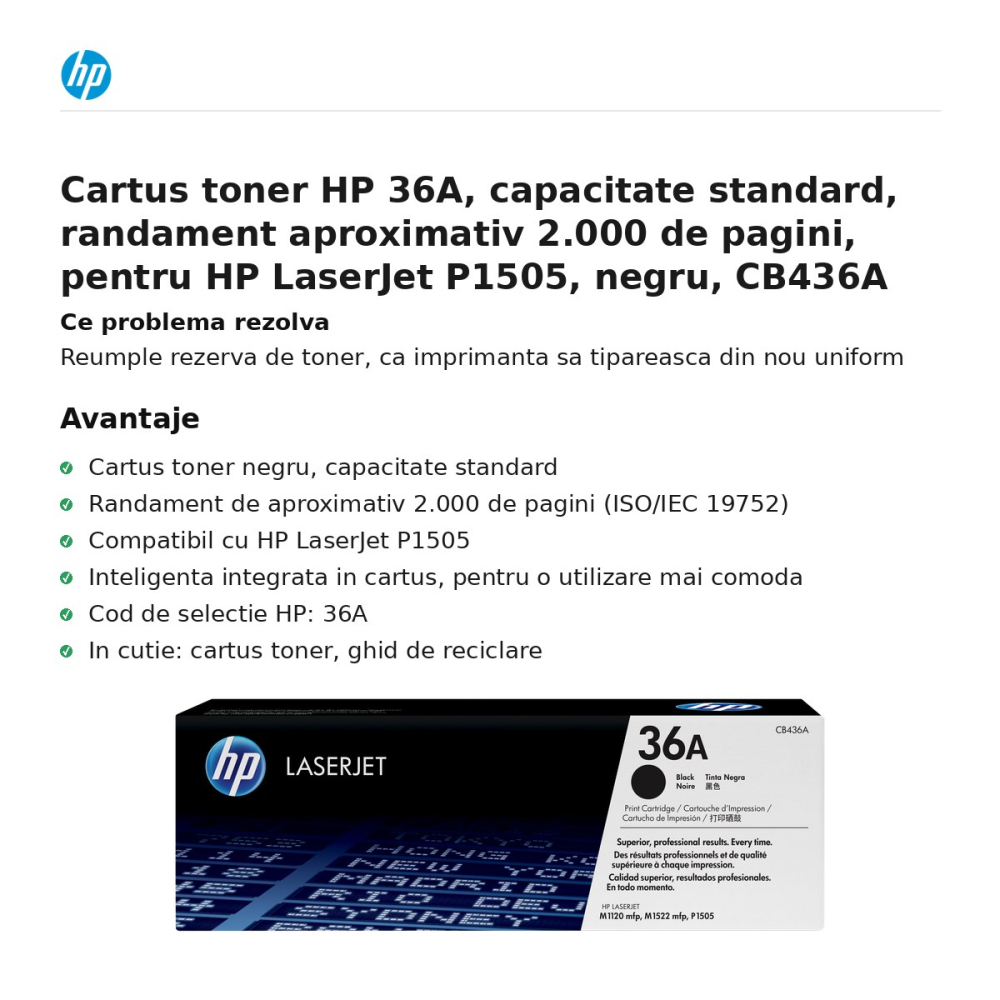 Cartus toner HP 36A, capacitate standard, randament aproximativ 2.000 de pagini, pentru HP LaserJet P1505, negru, CB436A [2]