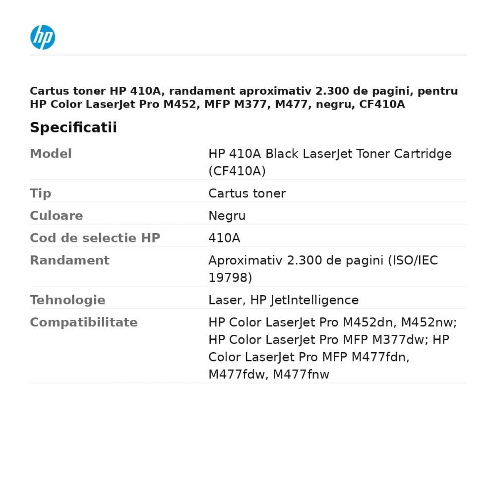 Cartus toner HP 410A, randament aproximativ 2.300 de pagini, pentru HP Color LaserJet Pro M452, MFP M377, M477, negru, CF410A [3]