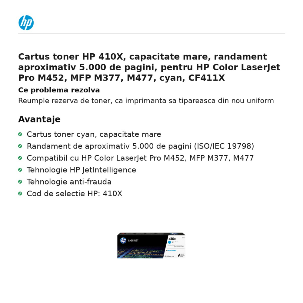 Cartus toner HP 410X, capacitate mare, randament aproximativ 5.000 de pagini, pentru HP Color LaserJet Pro M452, MFP M377, M477, cyan, CF411X [2]