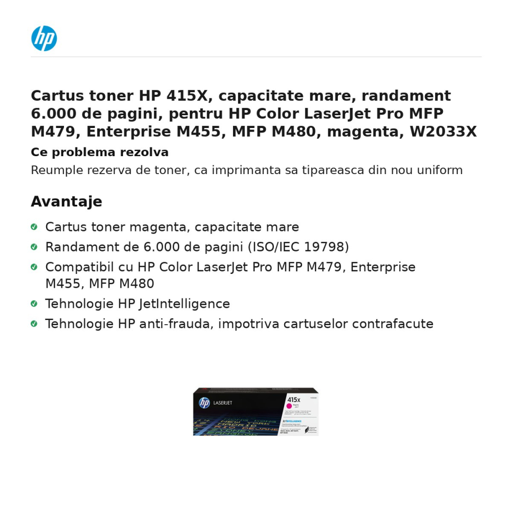 Cartus toner HP 415X, capacitate mare, randament 6.000 de pagini, pentru HP Color LaserJet Pro MFP M479, Enterprise M455, MFP M480, magenta, W2033X [2]