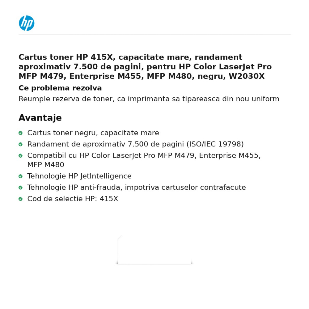 Cartus toner HP 415X, capacitate mare, randament aproximativ 7.500 de pagini, pentru HP Color LaserJet Pro MFP M479, Enterprise M455, MFP M480, negru, W2030X [2]