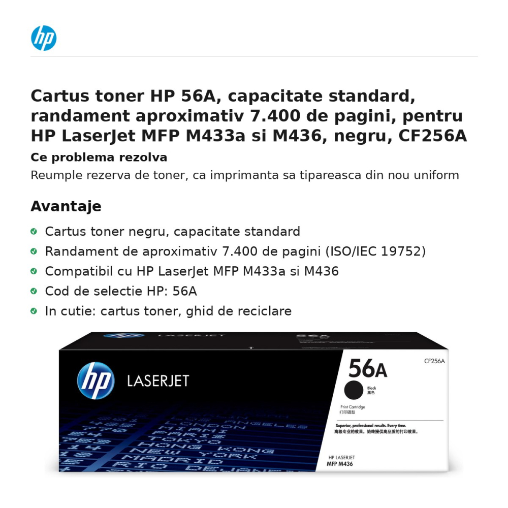 Cartus toner HP 56A, capacitate standard, randament aproximativ 7.400 de pagini, pentru HP LaserJet MFP M433a si M436, negru, CF256A [2]