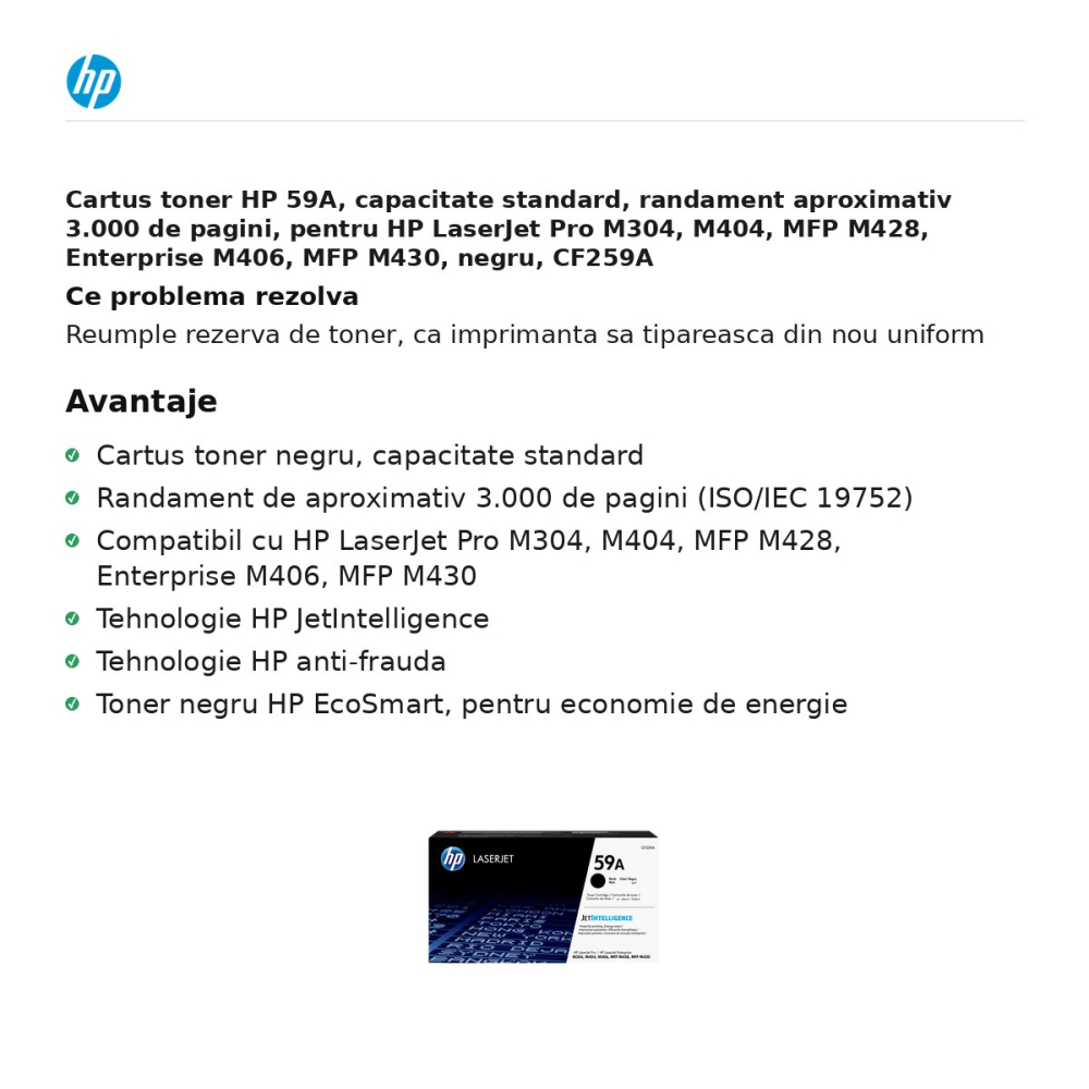 Cartus toner HP 59A, capacitate standard, randament aproximativ 3.000 de pagini, pentru HP LaserJet Pro M304, M404, MFP M428, Enterprise M406, MFP M430, negru, CF259A [2]