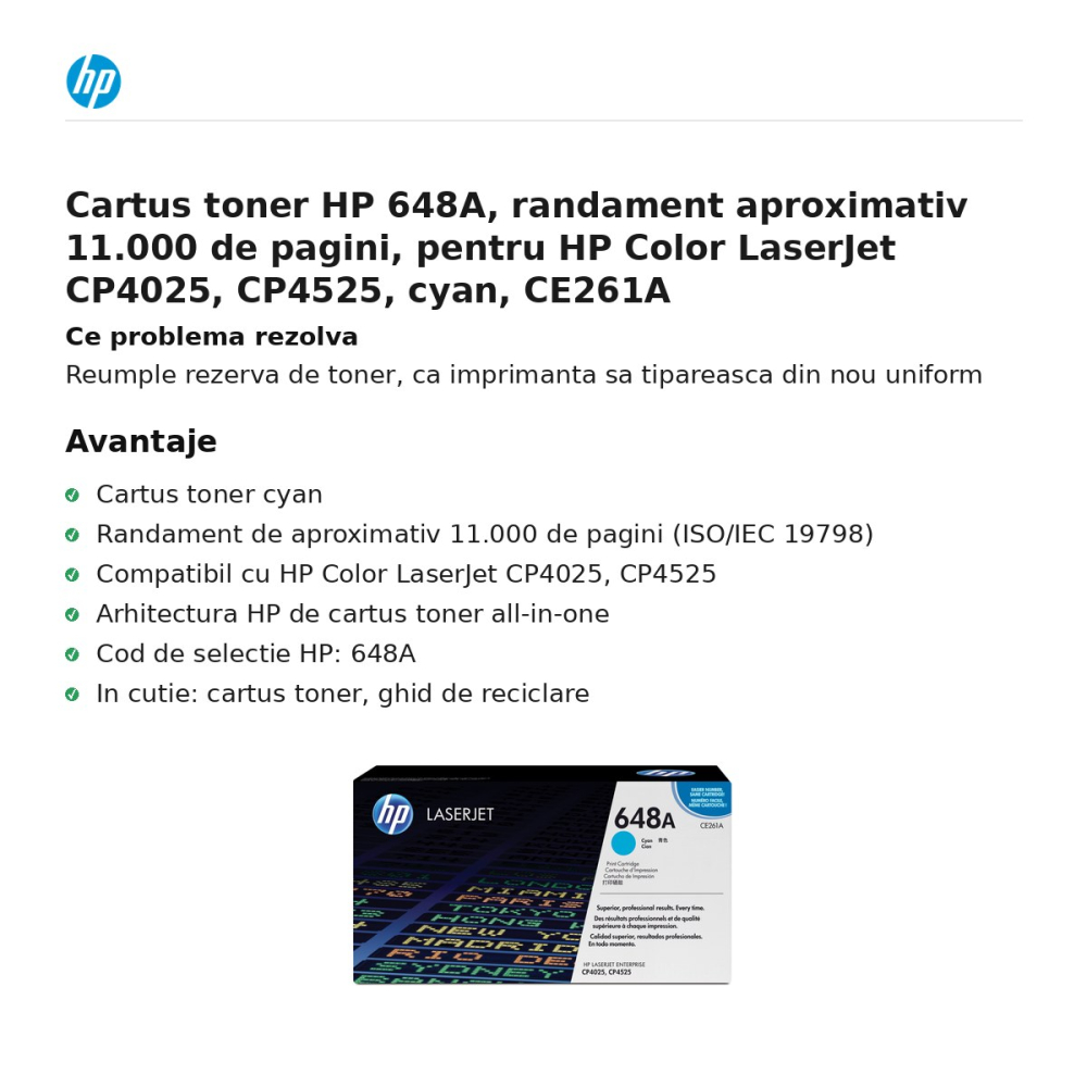 Cartus toner HP 648A, randament aproximativ 11.000 de pagini, pentru HP Color LaserJet CP4025, CP4525, cyan, CE261A [2]
