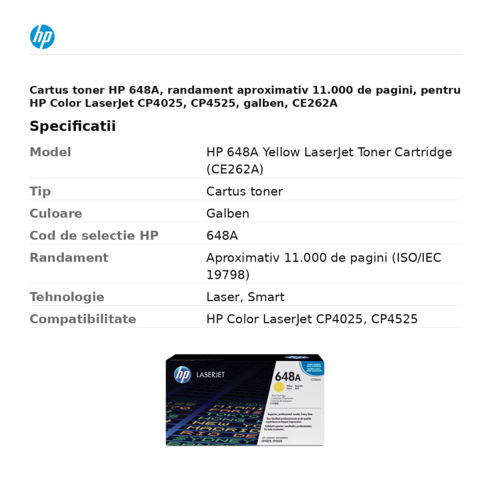 Cartus toner HP 648A, randament aproximativ 11.000 de pagini, pentru HP Color LaserJet CP4025, CP4525, galben, CE262A [3]