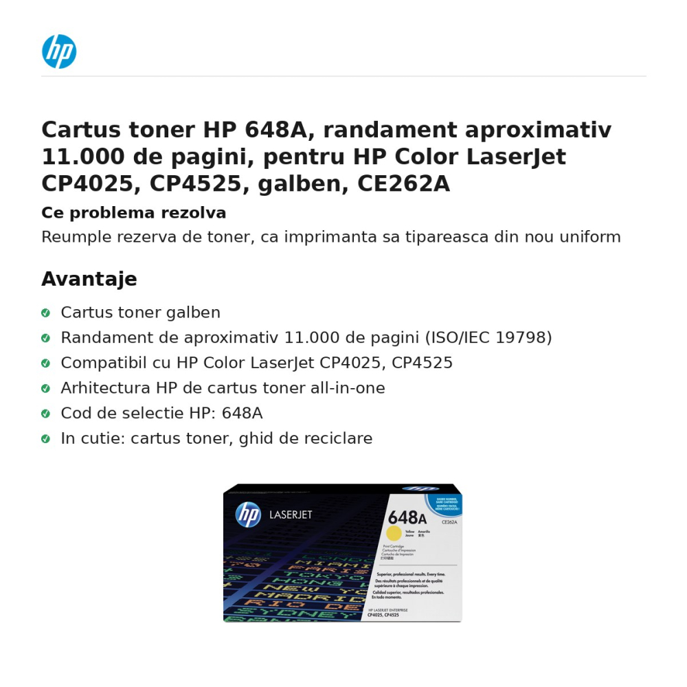 Cartus toner HP 648A, randament aproximativ 11.000 de pagini, pentru HP Color LaserJet CP4025, CP4525, galben, CE262A [2]