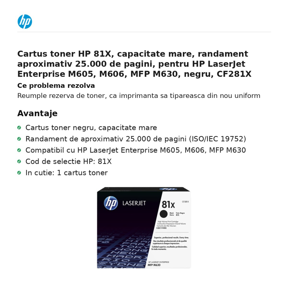 Cartus toner HP 81X, capacitate mare, randament aproximativ 25.000 de pagini, pentru HP LaserJet Enterprise M605, M606, MFP M630, negru, CF281X [2]