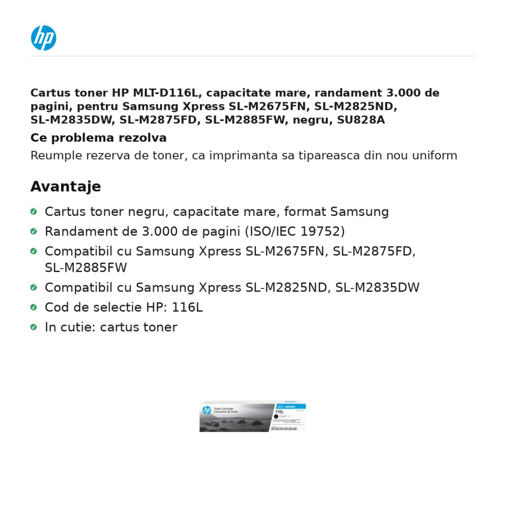Cartus toner HP MLT-D116L, capacitate mare, randament 3.000 de pagini, pentru Samsung Xpress SL-M2675FN, SL-M2825ND, SL-M2835DW, SL-M2875FD, SL-M2885FW, negru, SU828A [2]