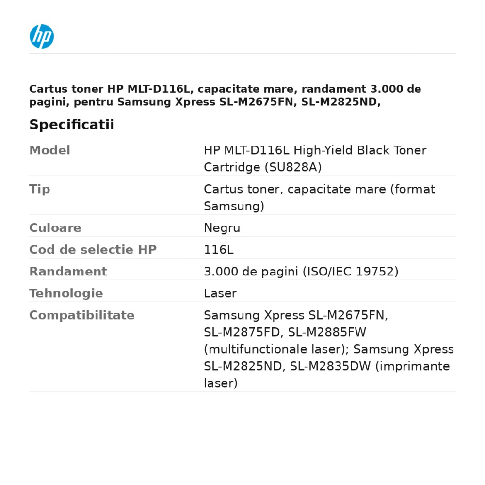 Cartus toner HP MLT-D116L, capacitate mare, randament 3.000 de pagini, pentru Samsung Xpress SL-M2675FN, SL-M2825ND, SL-M2835DW, SL-M2875FD, SL-M2885FW, negru, SU828A [3]