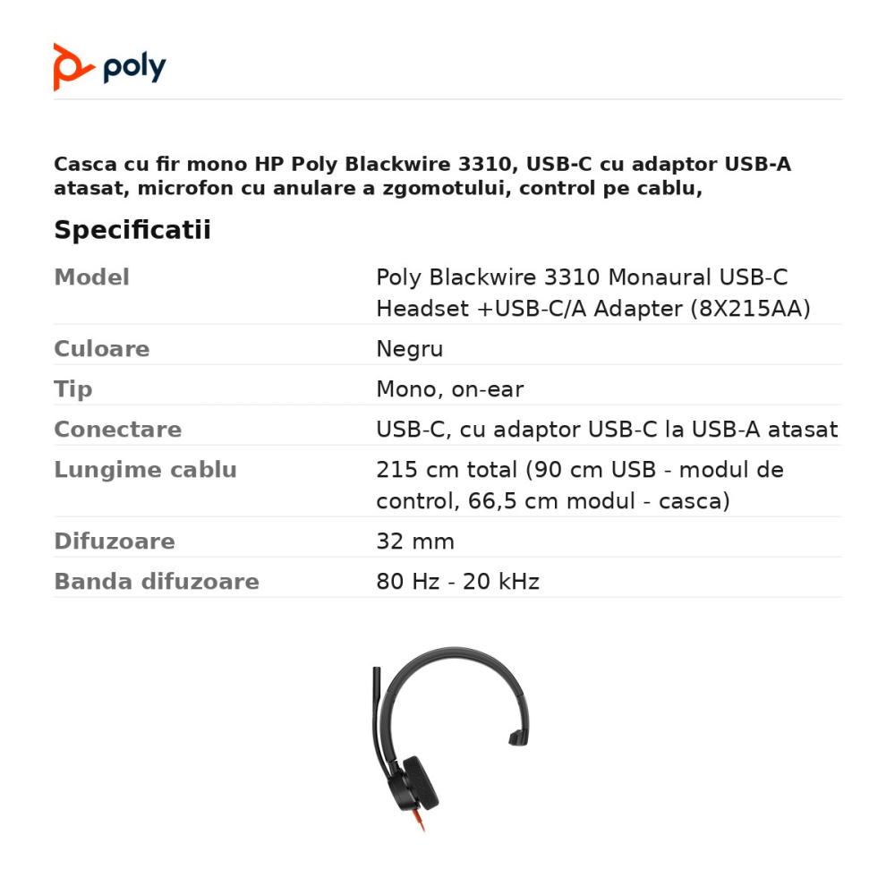 Casca cu fir mono HP Poly Blackwire 3310, USB-C cu adaptor USB-A atasat, microfon cu anulare a zgomotului, control pe cablu, SoundGuard Digital, negru, 8X215AA [3]