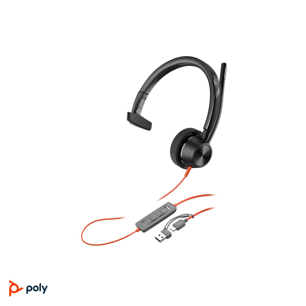 Casca cu fir mono HP Poly Blackwire 3310, USB-C cu adaptor USB-A atasat, microfon cu anulare a zgomotului, control pe cablu, SoundGuard Digital, negru, 8X215AA [5]