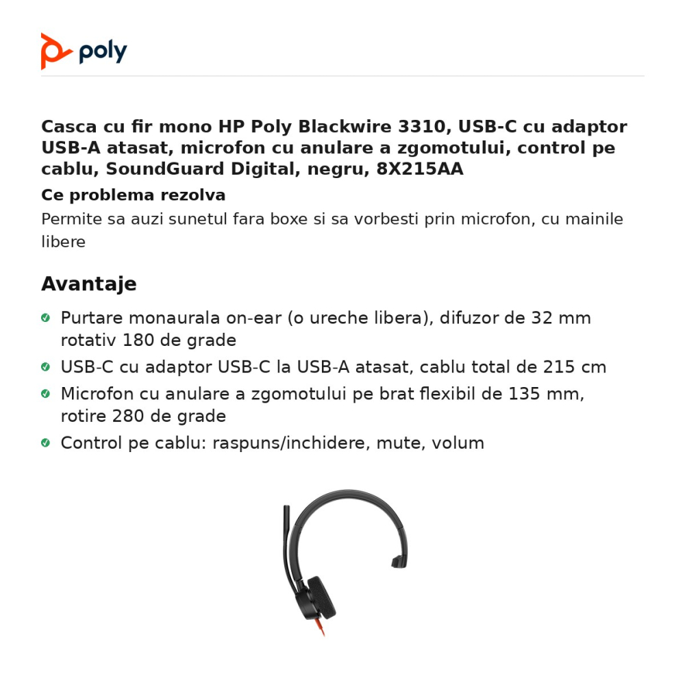 Casca cu fir mono HP Poly Blackwire 3310, USB-C cu adaptor USB-A atasat, microfon cu anulare a zgomotului, control pe cablu, SoundGuard Digital, negru, 8X215AA [2]