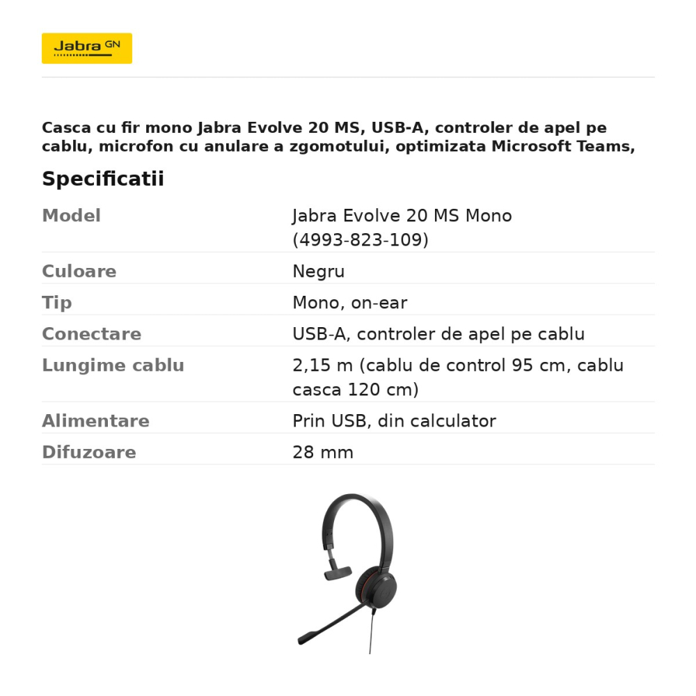 Casca cu fir mono Jabra Evolve 20 MS, USB-A, controler de apel pe cablu, microfon cu anulare a zgomotului, optimizata Microsoft Teams, negru, 4993-823-109 [3]