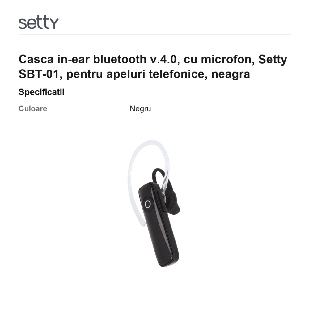Casca in-ear bluetooth v.4.0, cu microfon, Setty SBT-01, pentru apeluri telefonice, neagra [3]