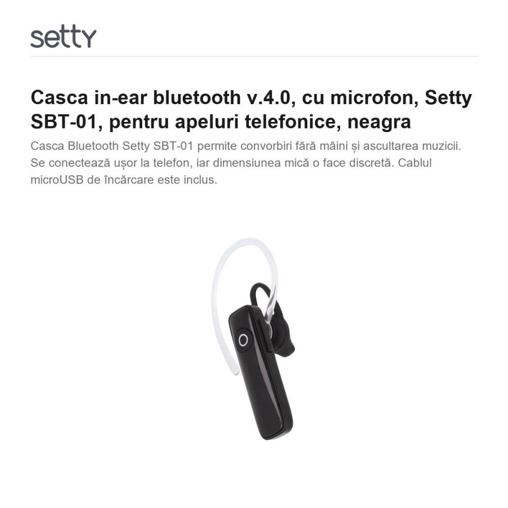 Casca in-ear bluetooth v.4.0, cu microfon, Setty SBT-01, pentru apeluri telefonice, neagra [2]