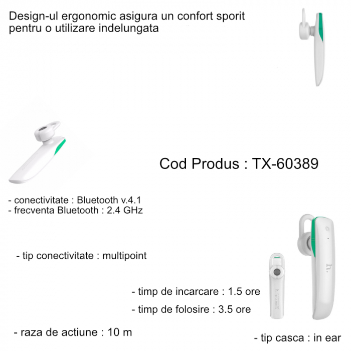 Casca Bluetooth 4.1 multipoint Hoco E1 alba [4]