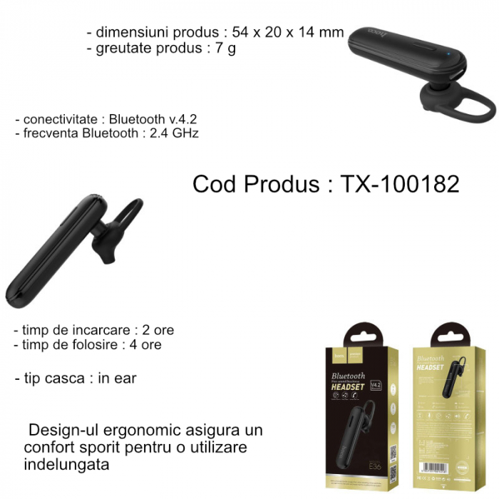 Casca Bluetooth HOCO Sound Business E36, SinglePoint, Negru [5]
