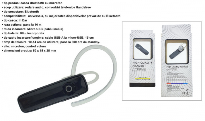 Casca wireless in-ear, Bluetooth, HandsFree telefon, neagra [6]