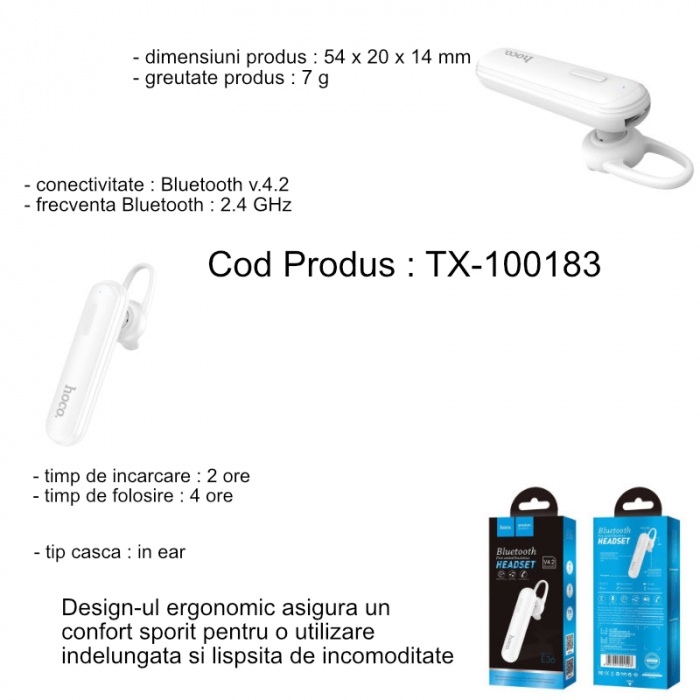 Casca wireless in-ear, cu microfon, Hoco Free Sound E36, Bluetooth v.4.2, baterie 70 mAh, alba [5]