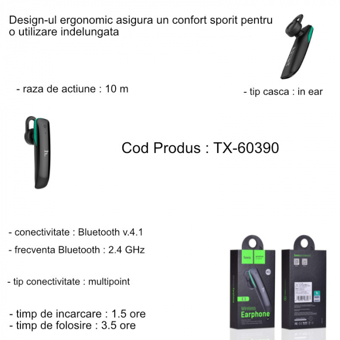 Casca Bluetooth Mono Hoco E1, Negru [6]