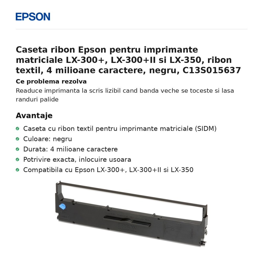 Caseta ribon Epson pentru imprimante matriciale LX-300+, LX-300+II si LX-350, ribon textil, 4 milioane caractere, negru, C13S015637 [2]