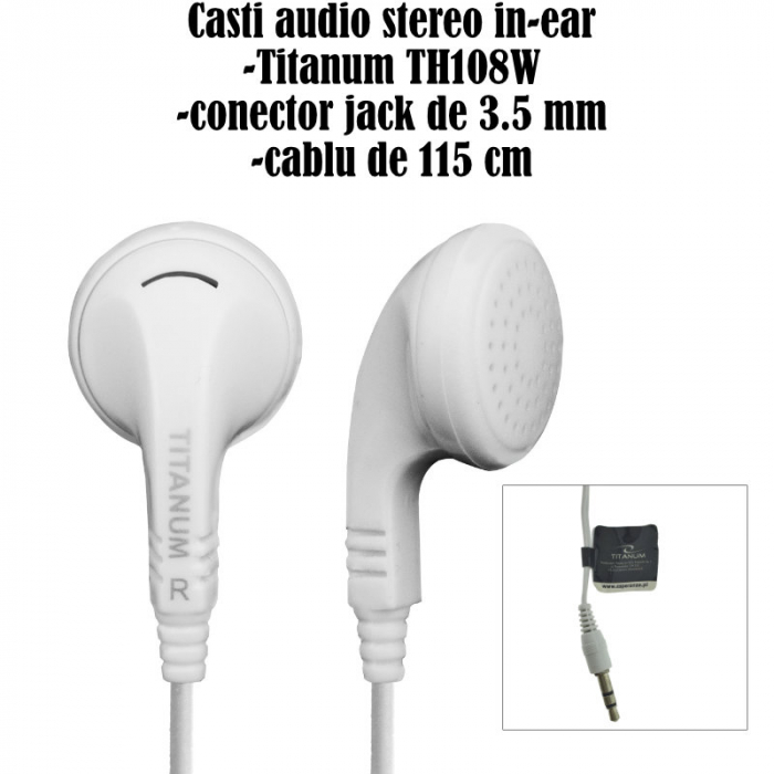 Casti audio stereo, in-ear, Titanum 91909, conector jack 3.5mm, cablu 115 cm, albe [5]