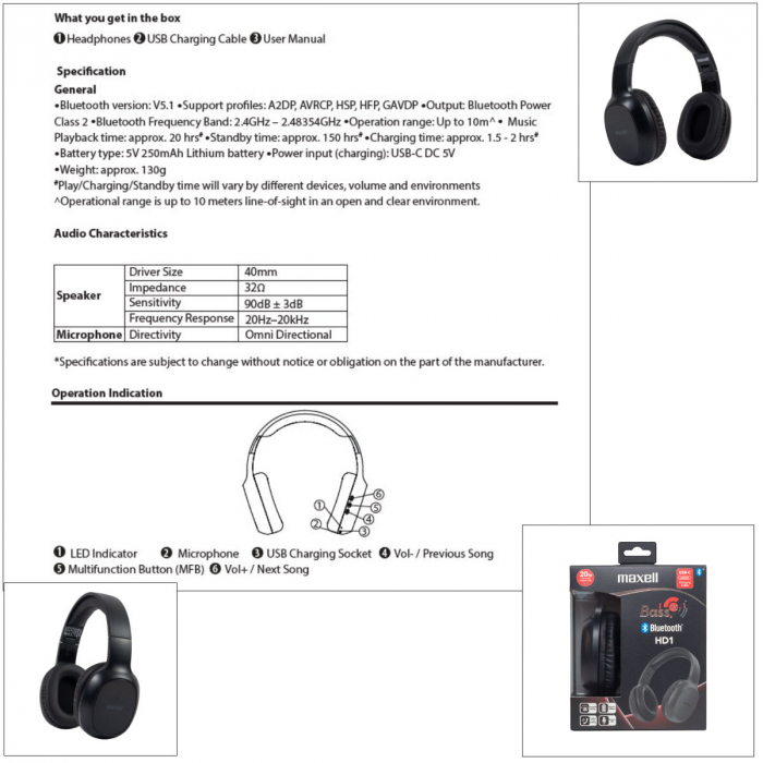 Casti Wireless Maxell B13-HD1 Bass 13 BT v.5.1, bass puternic, design pliabil, 20 ore autonomie, incarcare USB-C, microfon integrat, negre [4]