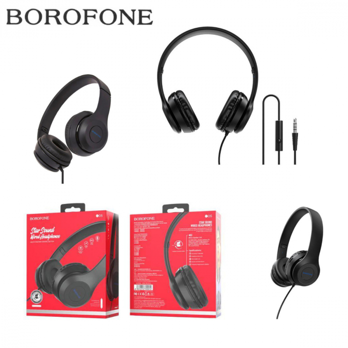 Casti Borofone Star B05 Black, On-Ear, cu microfon, conector jack 3.5mm, pentru smartphone, cablu 1.2 m, pliabile, negre [5]
