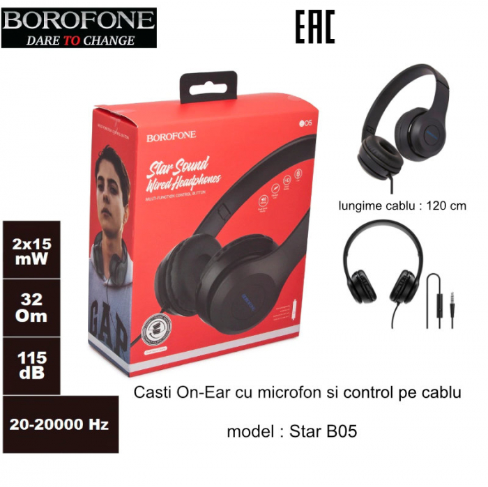 Casti Borofone Star B05 Black, On-Ear, cu microfon, conector jack 3.5mm, pentru smartphone, cablu 1.2 m, pliabile, negre [6]