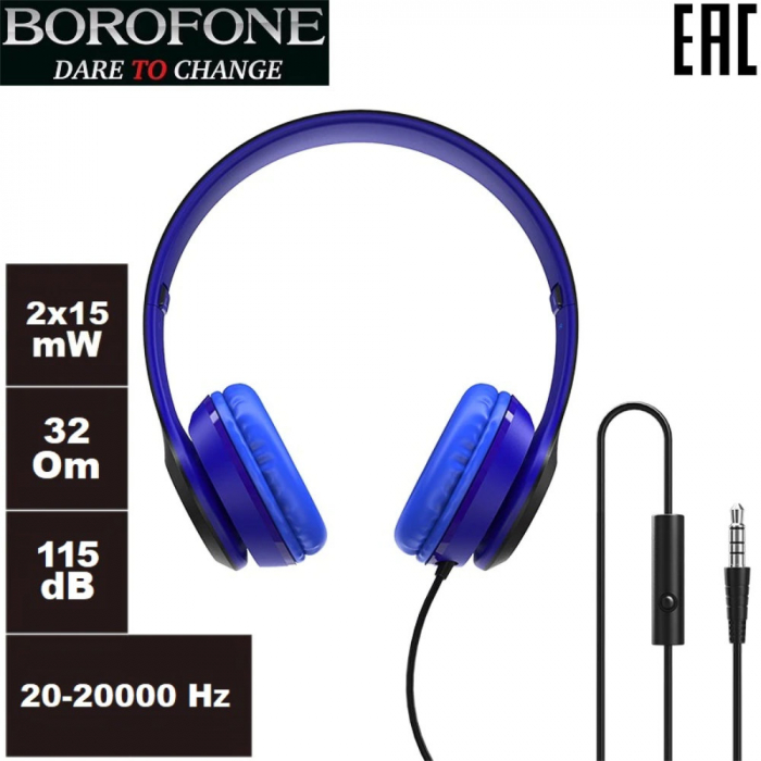 Casti Borofone Star B05 Blue-Black, On-Ear, cu microfon, conector jack 3.5mm, pentru smartphone, cablu 1.2 m, pliabile, albastre cu negru [3]
