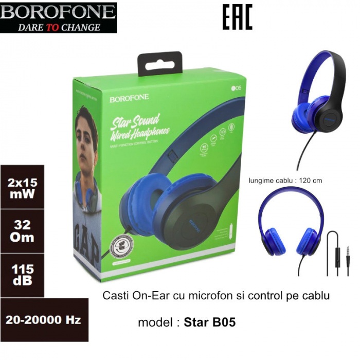 Casti Borofone Star B05 Blue-Black, On-Ear, cu microfon, conector jack 3.5mm, pentru smartphone, cablu 1.2 m, pliabile, albastre cu negru [6]