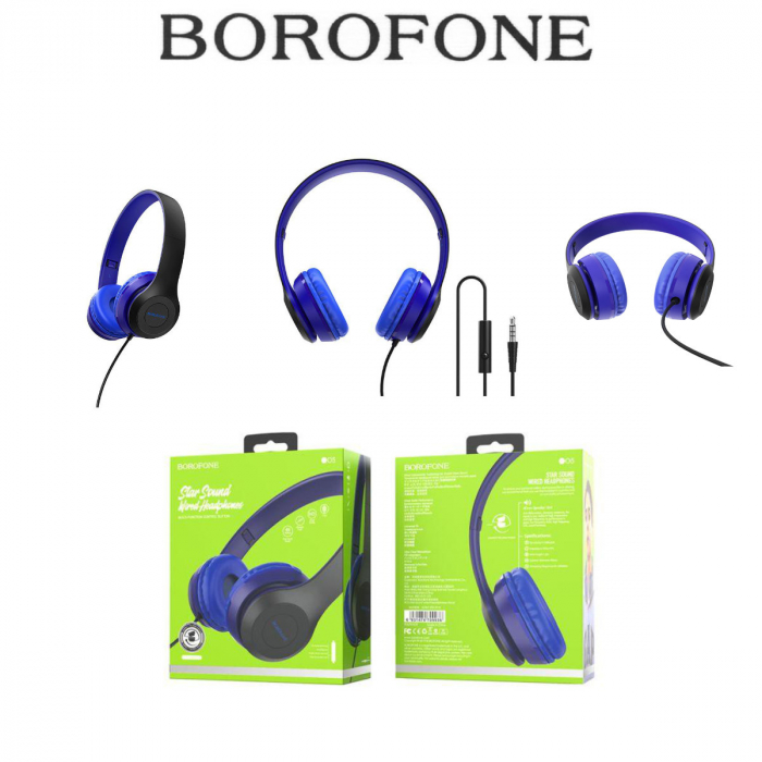 Casti Borofone Star B05 Blue-Black, On-Ear, cu microfon, conector jack 3.5mm, pentru smartphone, cablu 1.2 m, pliabile, albastre cu negru [5]