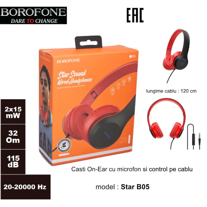 Casti Borofone Star B05 Red-Black, On-Ear, cu microfon, conector jack 3.5mm, pentru smartphone, cablu 1.2 m, pliabile, rosii cu negru [6]