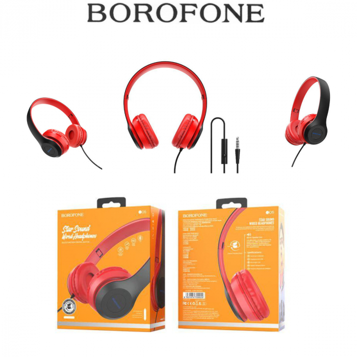 Casti Borofone Star B05 Red-Black, On-Ear, cu microfon, conector jack 3.5mm, pentru smartphone, cablu 1.2 m, pliabile, rosii cu negru [5]