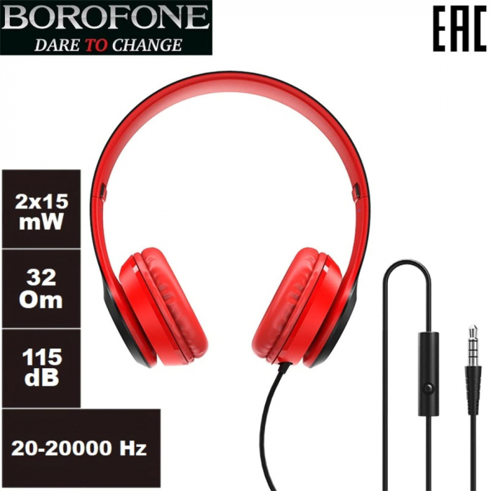 Casti Borofone Star B05 Red-Black, On-Ear, cu microfon, conector jack 3.5mm, pentru smartphone, cablu 1.2 m, pliabile, rosii cu negru [3]