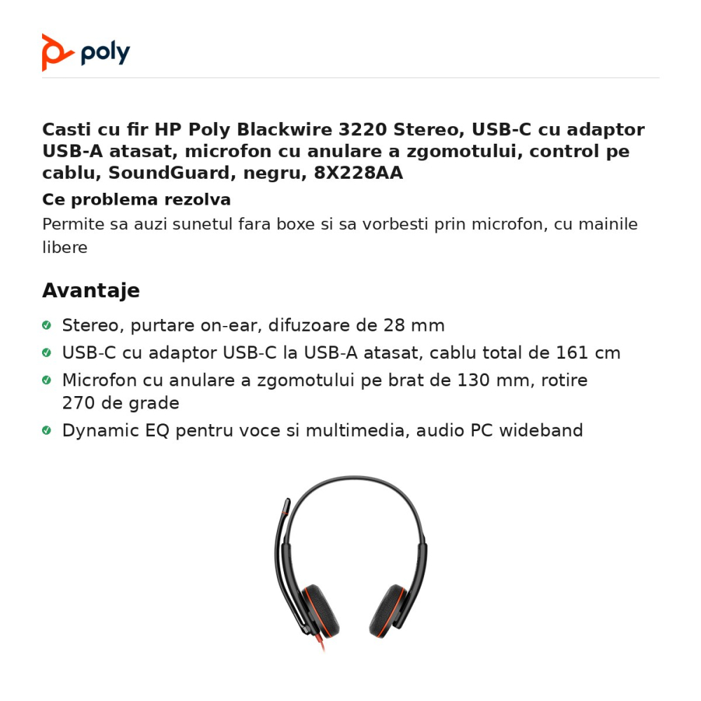 Casti cu fir HP Poly Blackwire 3220 Stereo, USB-C cu adaptor USB-A atasat, microfon cu anulare a zgomotului, control pe cablu, SoundGuard, negru, 8X228AA [2]