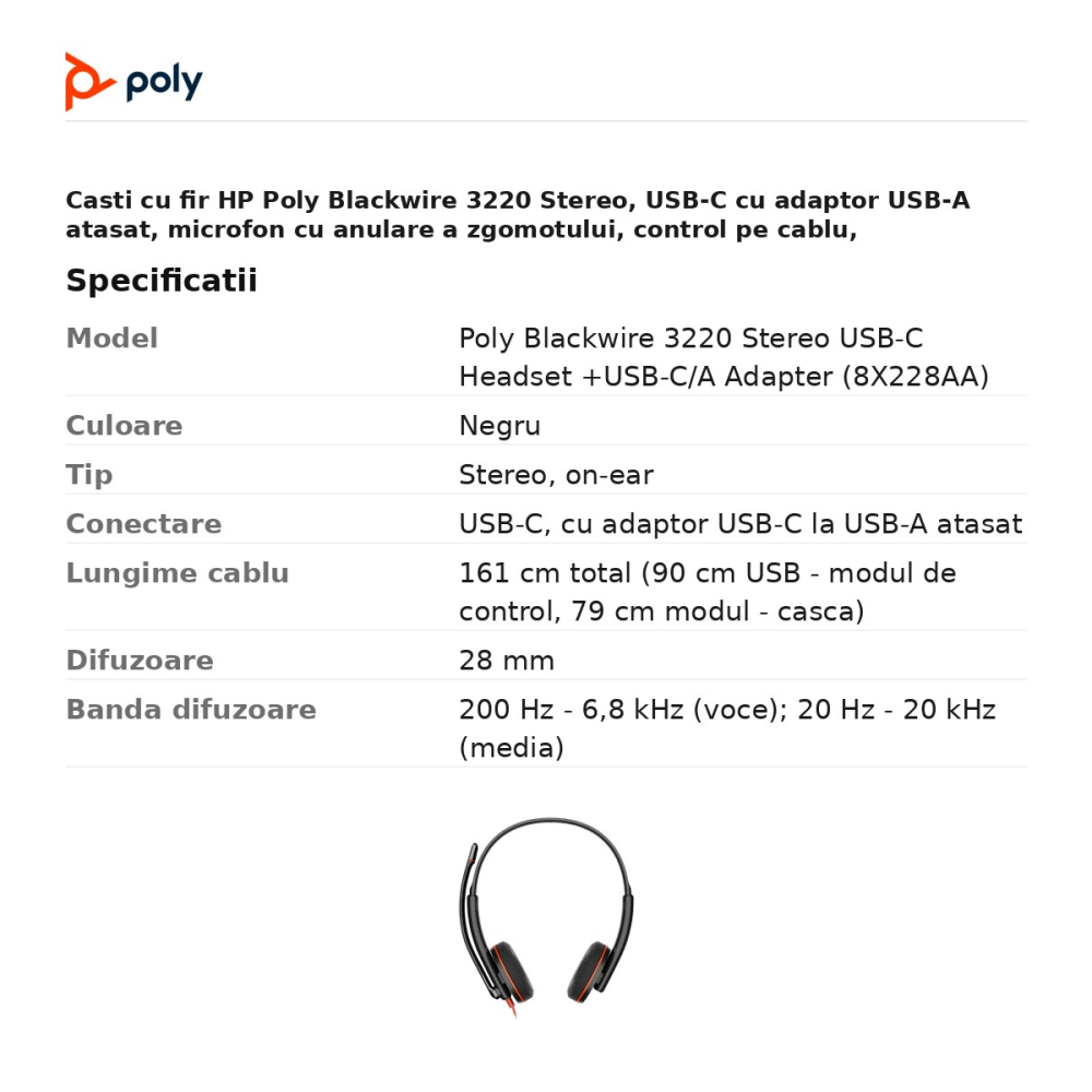 Casti cu fir HP Poly Blackwire 3220 Stereo, USB-C cu adaptor USB-A atasat, microfon cu anulare a zgomotului, control pe cablu, SoundGuard, negru, 8X228AA [3]