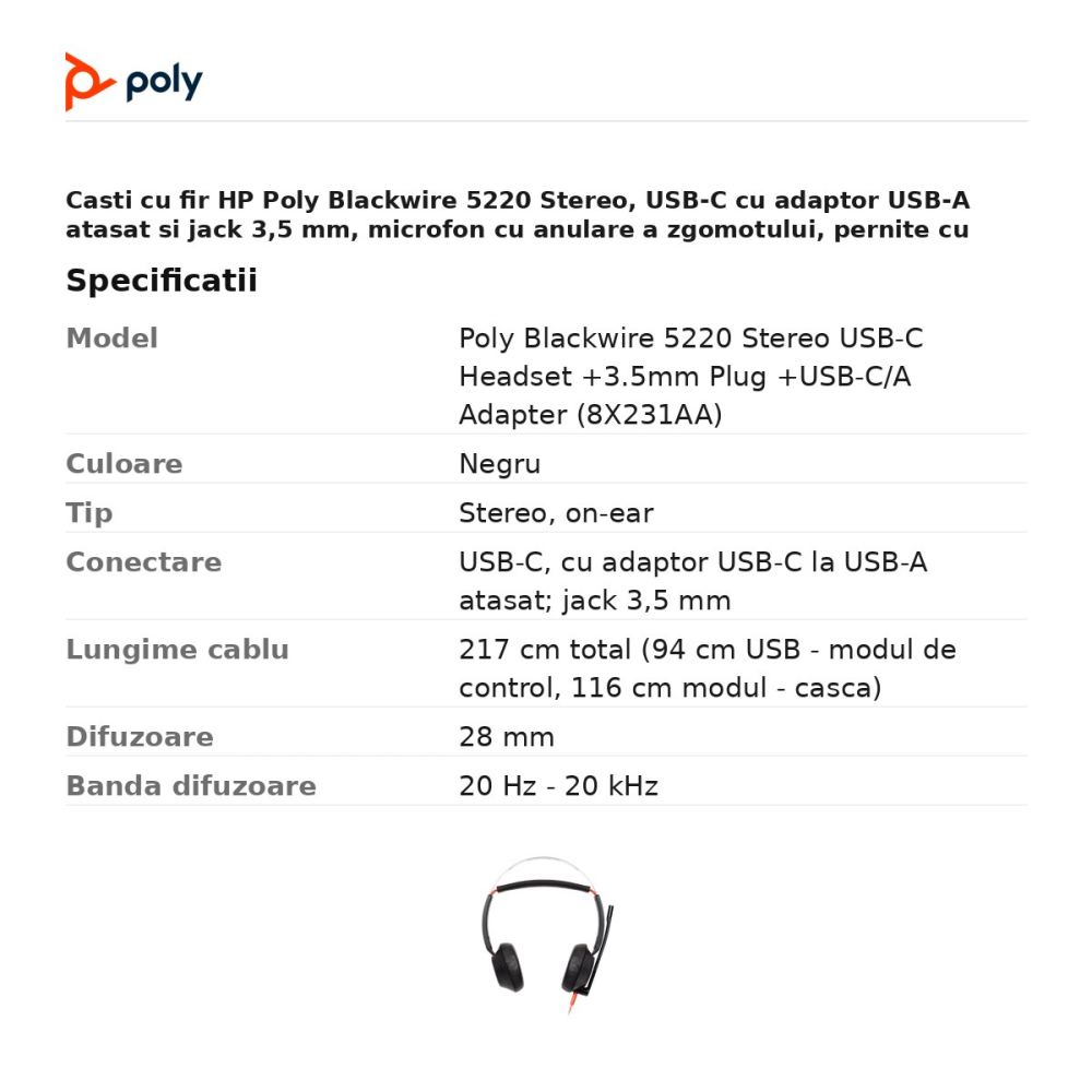 Casti cu fir HP Poly Blackwire 5220 Stereo, USB-C cu adaptor USB-A atasat si jack 3,5 mm, microfon cu anulare a zgomotului, pernite cu spuma cu memorie, negru, 8X231AA [3]