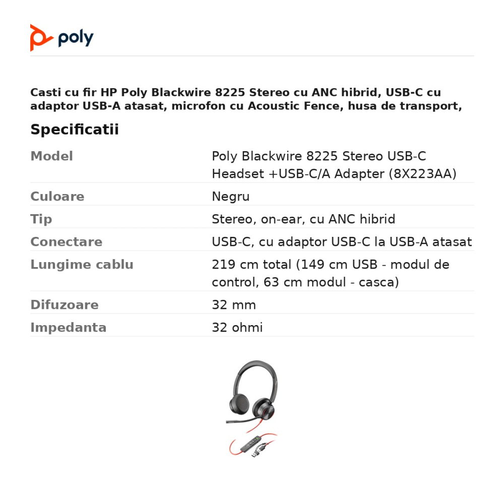 Casti cu fir HP Poly Blackwire 8225 Stereo cu ANC hibrid, USB-C cu adaptor USB-A atasat, microfon cu Acoustic Fence, husa de transport, negru, 8X223AA [3]