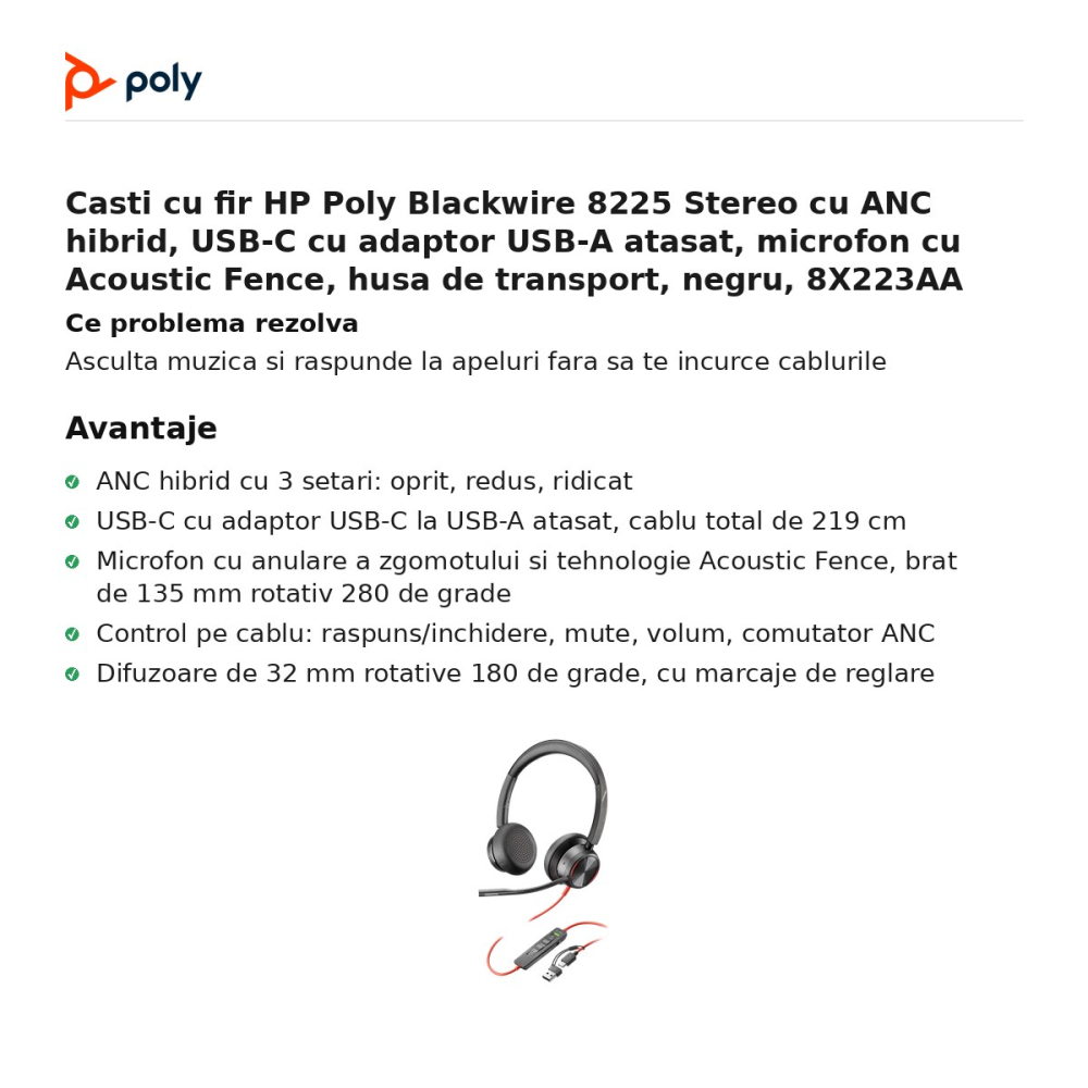 Casti cu fir HP Poly Blackwire 8225 Stereo cu ANC hibrid, USB-C cu adaptor USB-A atasat, microfon cu Acoustic Fence, husa de transport, negru, 8X223AA [2]